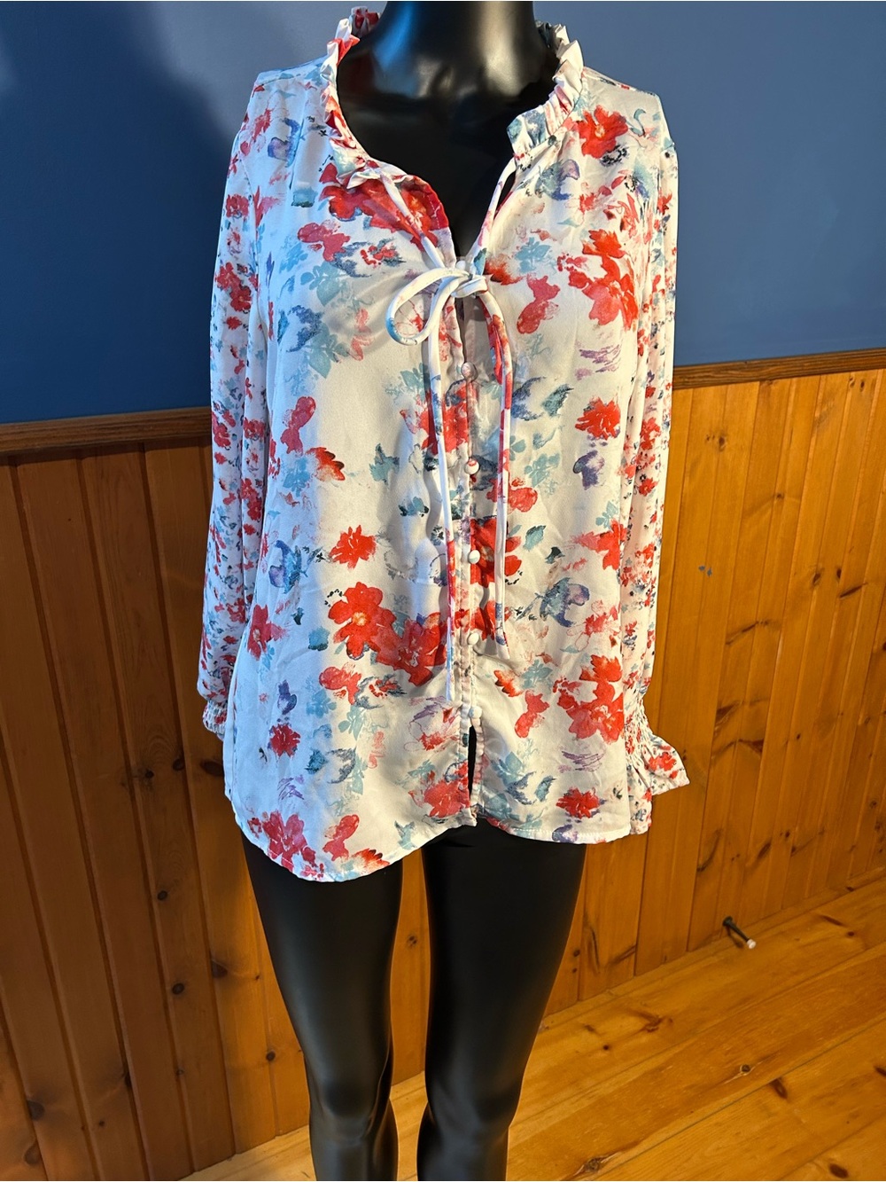 White Floral Tie-Neck Peasant Blouse with Red & Blue Watercolour Print. NWOT